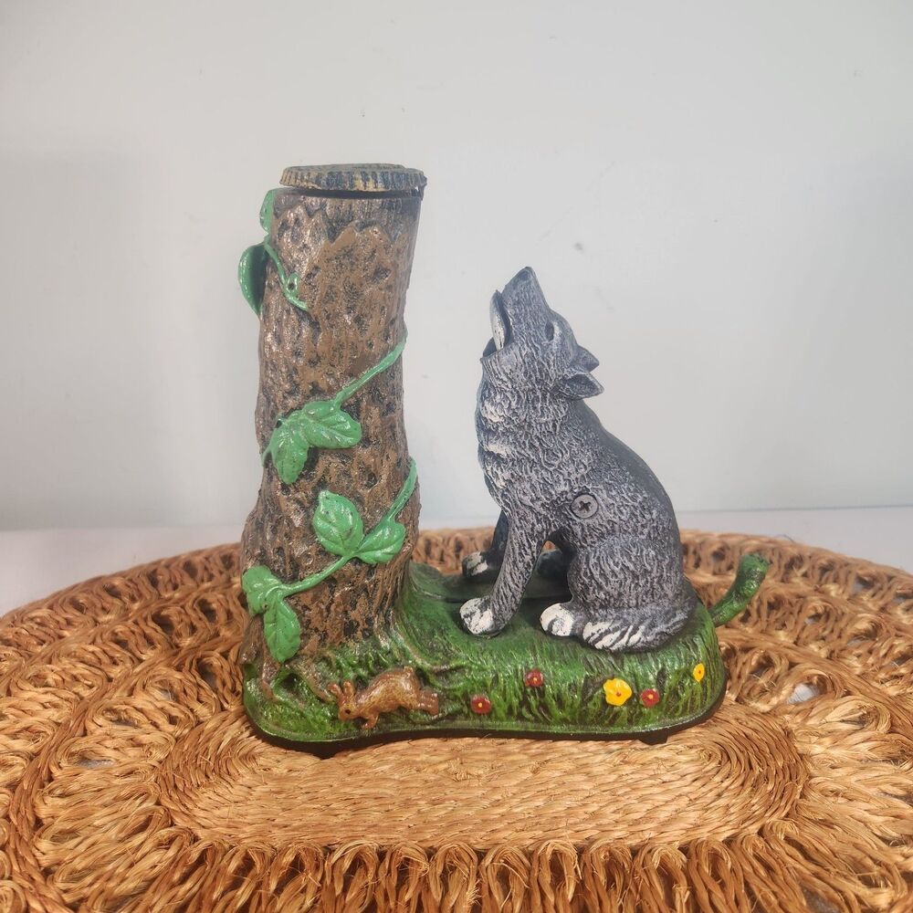Cast Iron Mechanical Bank Wolf And Squirrel In Tree